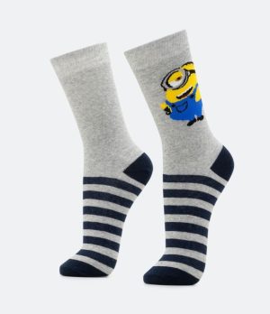 Meia Cano Alto em Algodão Listrada com Estampa Minion